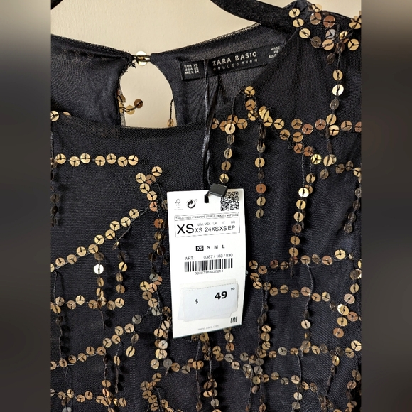 NWT Zara Black and Gold Chiffon and Sequin Shift Mini Dress / Size XS - Picture 2 of 5
